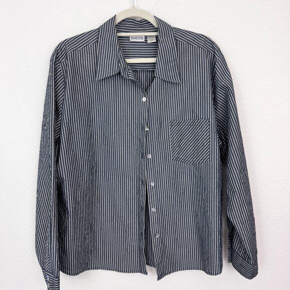 Chico's Womens Button Shirt Top Size XL Striped Cotton Blend Classic Office Gray - Picture 1 of 8